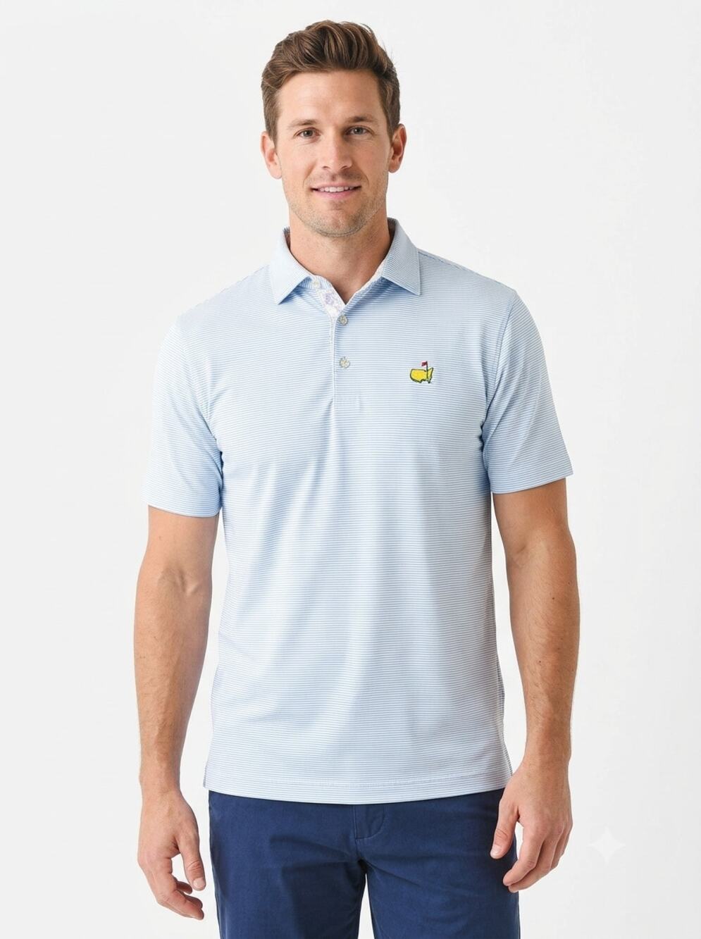 Masters Tech Golf Polo Shirt Men's L Blue White Striped Short Sleeve Embroidered